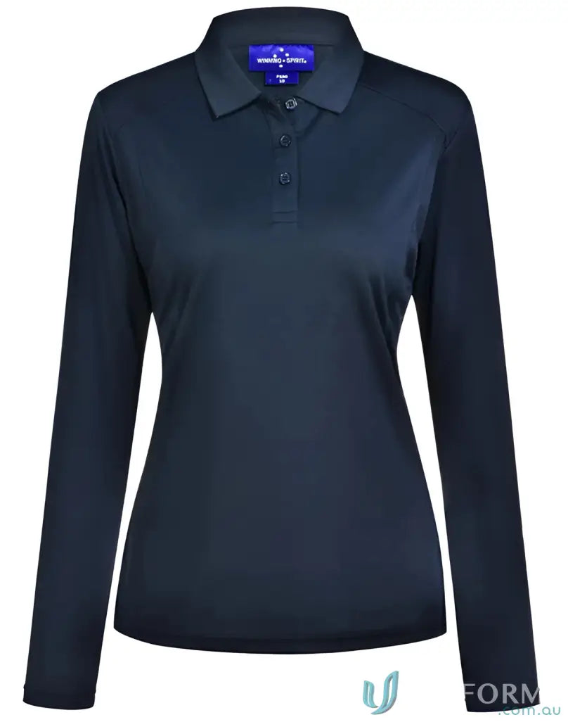 Ladies Lucky Bamboo long-sleeved navy blue polo shirt with three-button placket