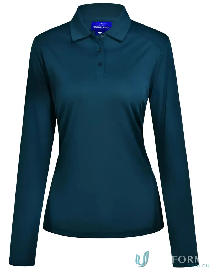 Ladies Lucky Bamboo LS Polo in dark teal with three-button placket for ladies lucky style