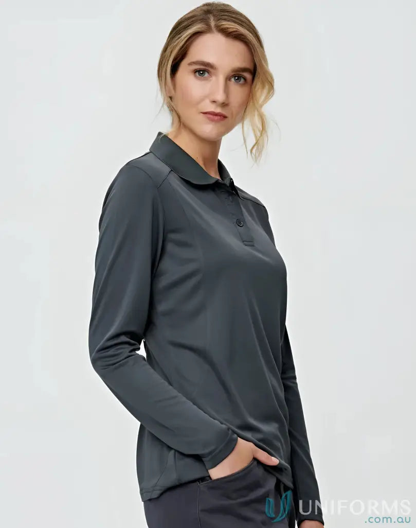 Ladies Lucky Bamboo LS Polo shirt worn by woman, stylish ladies lucky bamboo top