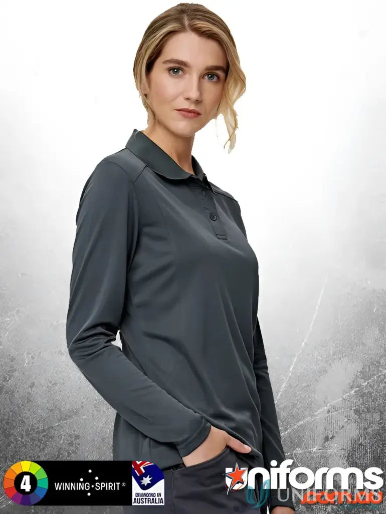 Lady modeling ladies lucky bamboo long-sleeved charcoal grey polo shirt