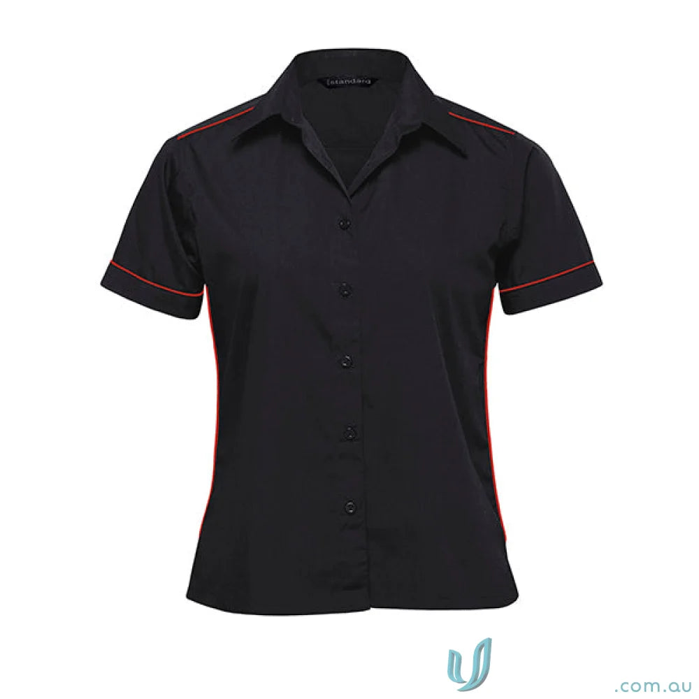 Black ladies matrix Teflon poplin shirt with red trim, perfect Teflon poplin shirt combo