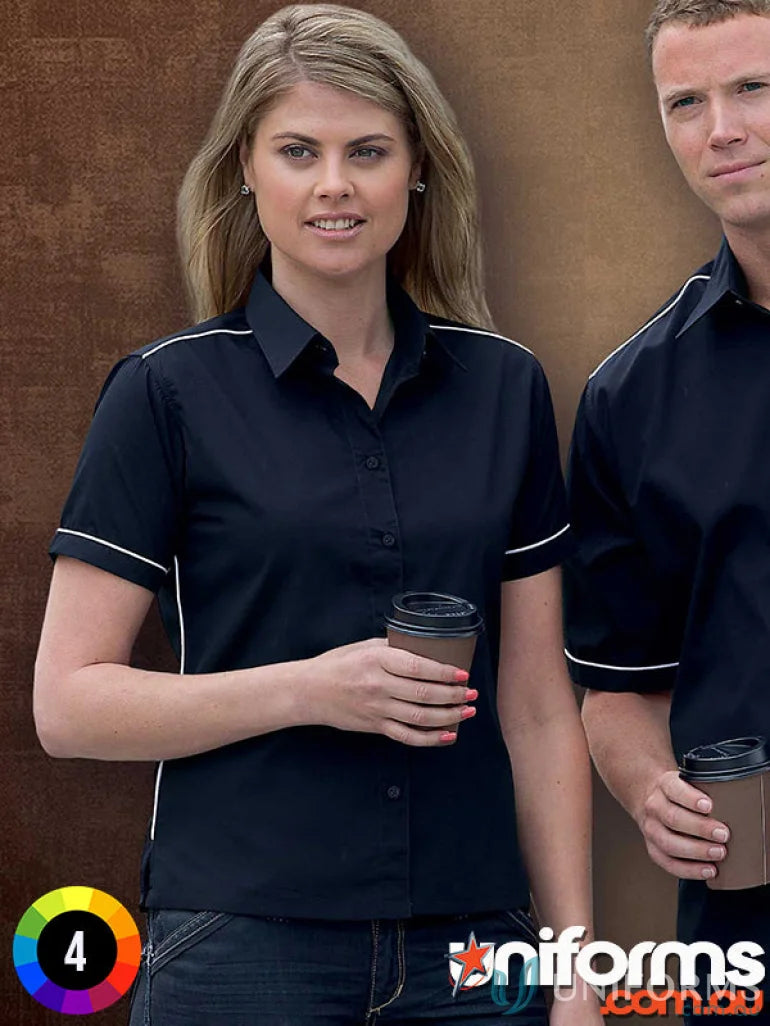 Black short-sleeved Ladies Matrix Teflon Poplin Shirt perfect for workwear