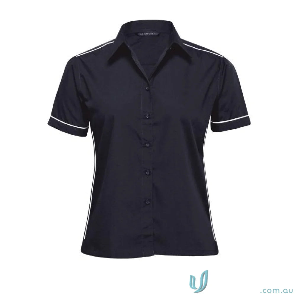 Navy short-sleeved Ladies Matrix Teflon Poplin Shirt with white trim