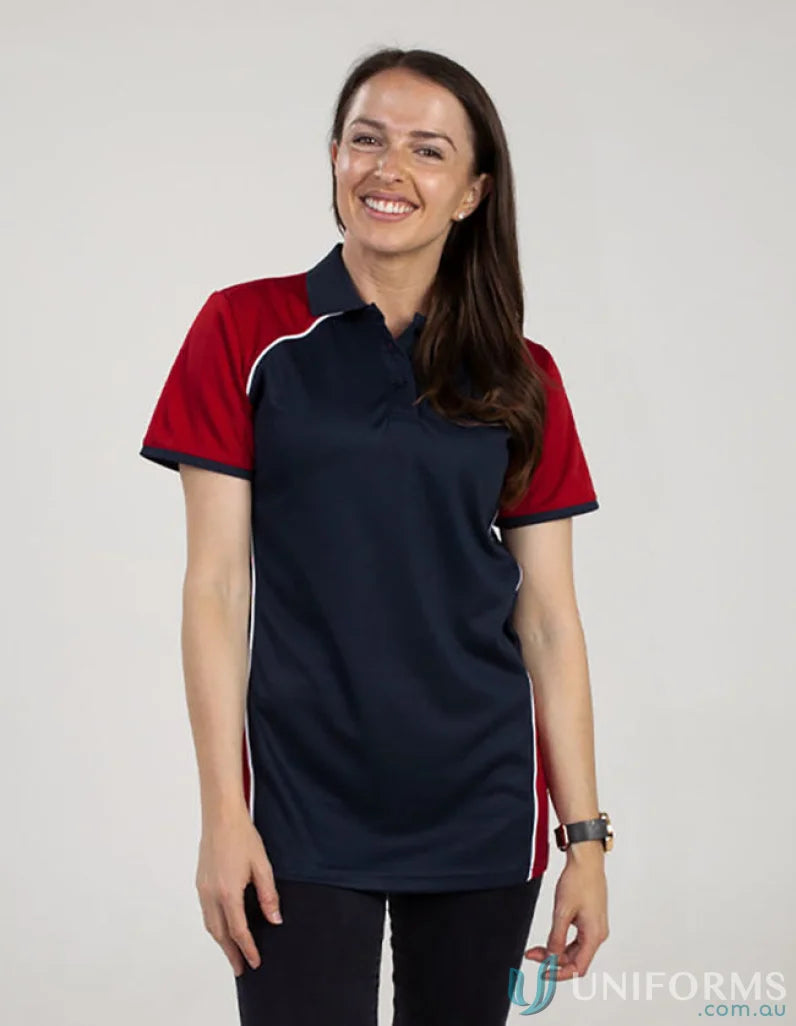 Ladies McPherson Polo with Red and Navy colors featuring cooldry moisture management