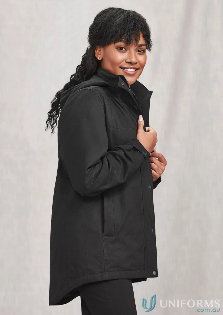 Black hooded raincoat from Ladies Melbourne Comfort Jacket RJK265L for staying warm
