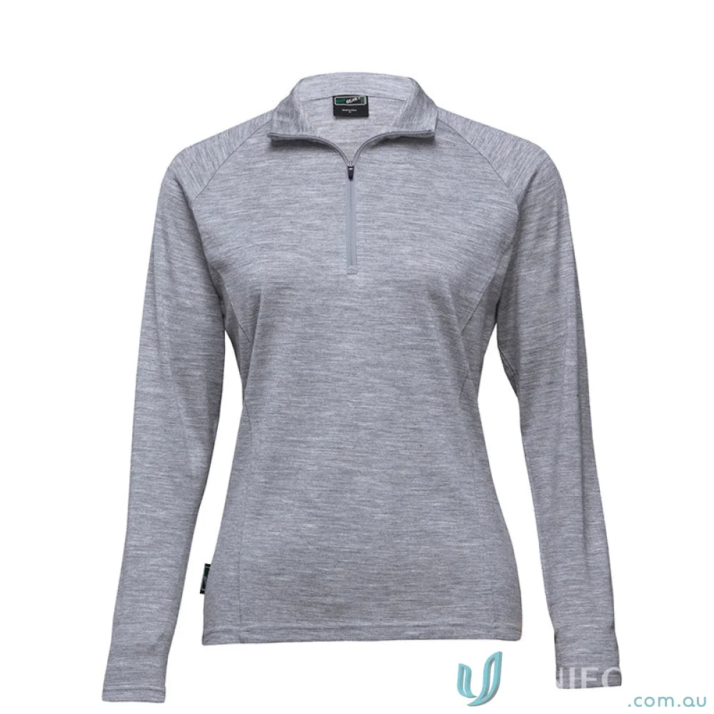 Gray long-sleeved quarter-zip shirt from Ladies Merino GFL Zip Pullover, perfect for work uniforms or workwear