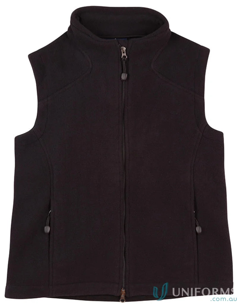 Black sleeveless Winning Spirit Ladies Micro bonded polar fleece vest with zip pockets