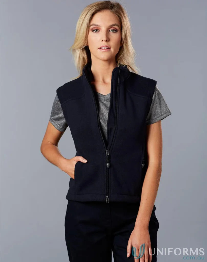 Blonde woman in Ladies Micro Bonded Polar Fleece Vest with pf10 Diamond Fleece style