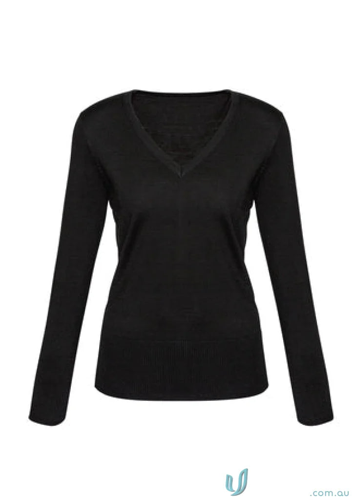 Ladies Milano Merino Wool Knit Jumper with a black long-sleeve V-neck shirt style