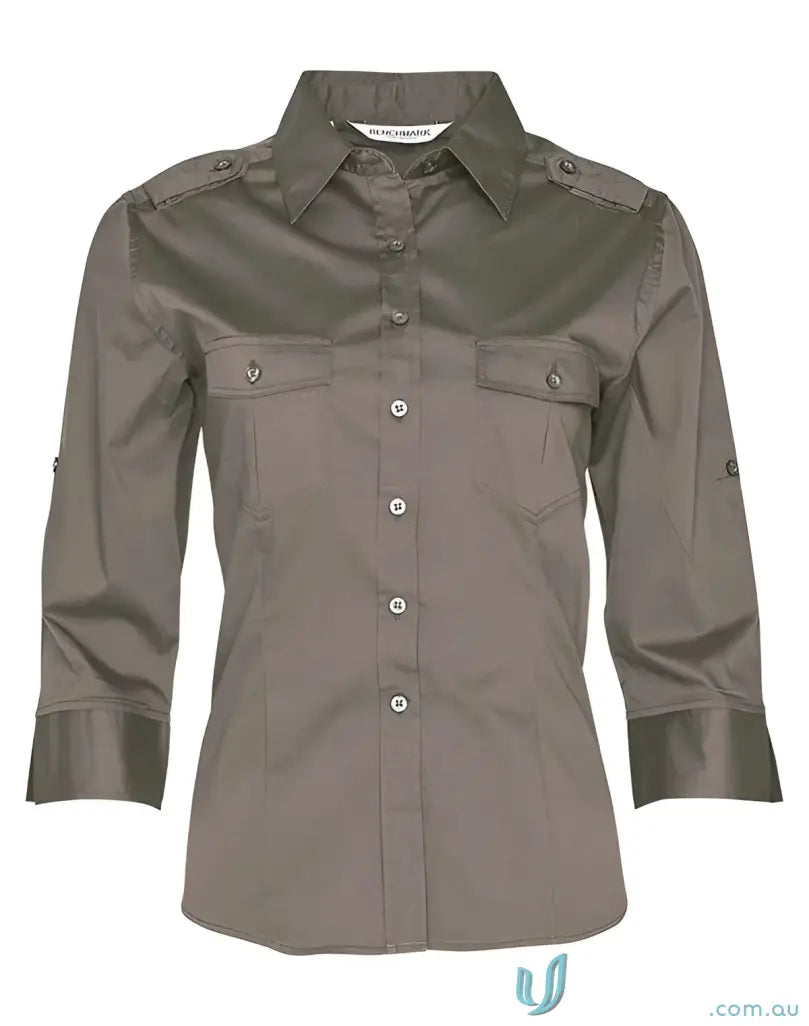 Olive-green Ladies Military 3Q Shirt with sleeve military shirt style M8913 women’s