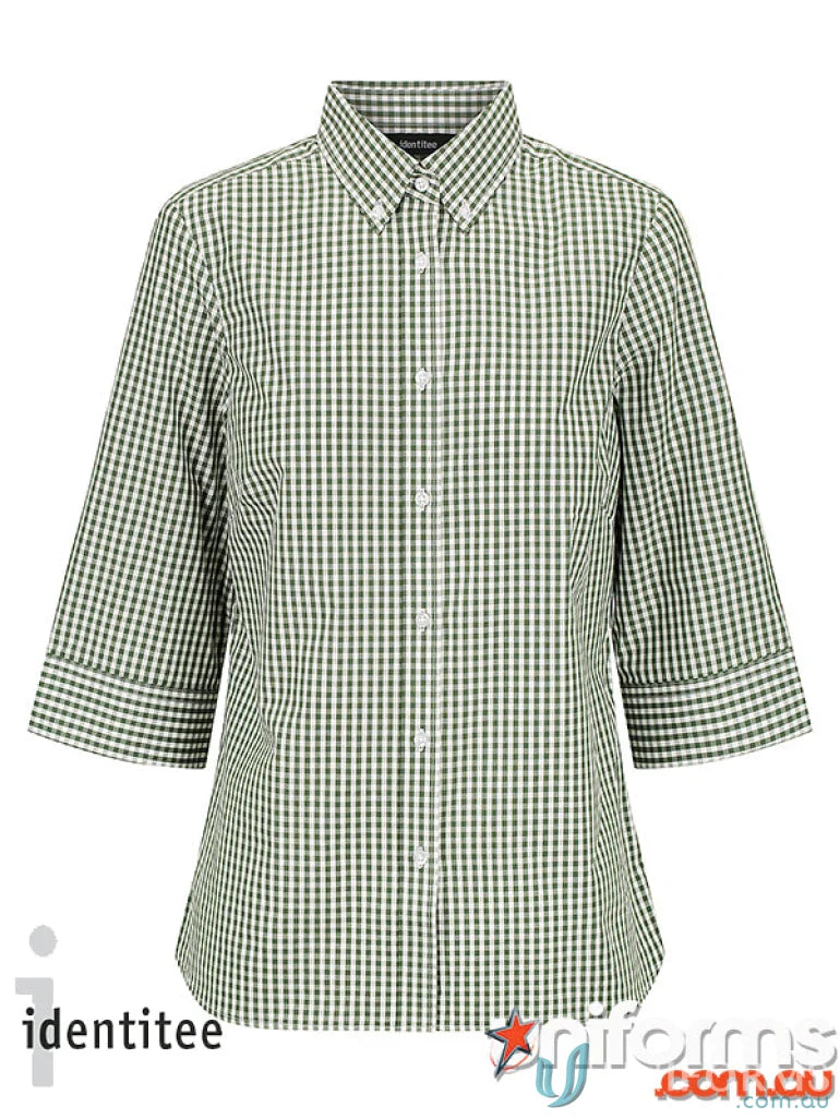 Ladies Miller Gingham 3Q Check Shirt in green and white gingham check pattern