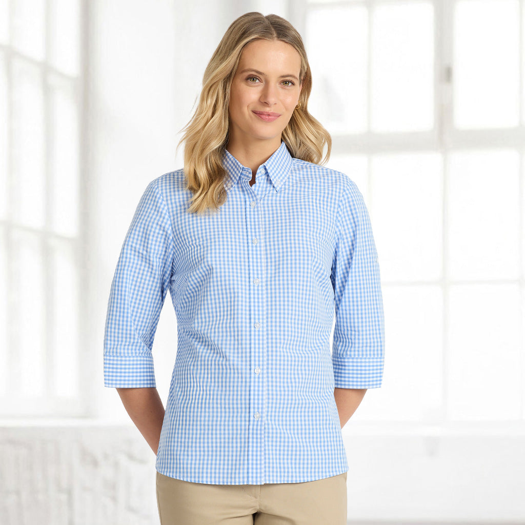 Blue and white gingham ladies Miller Gingham 3Q check shirt with 3/4 sleeves
