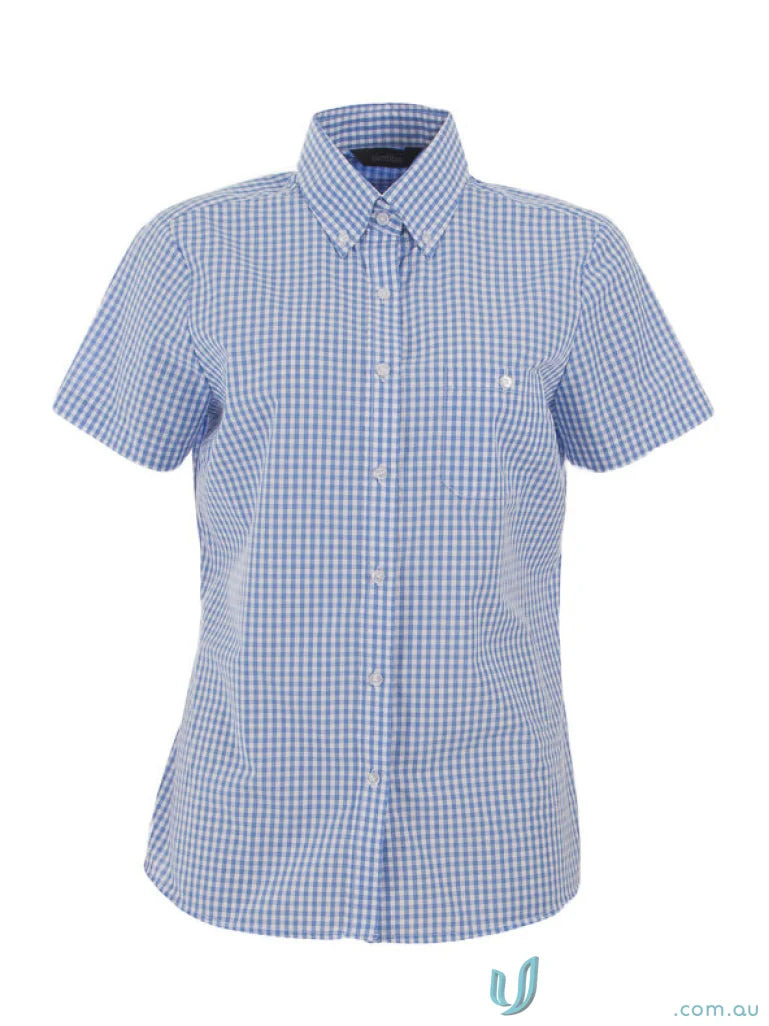 Blue and white gingham check Ladies Miller Gingham SS Check Shirt, perfect workwear or uniforms