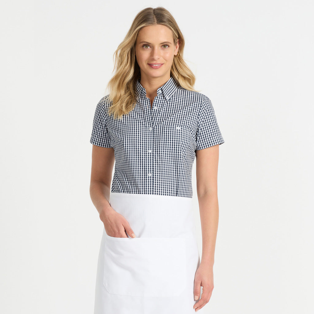 Ladies Miller Gingham SS Check Shirt in navy and white gingham check with pocket detail