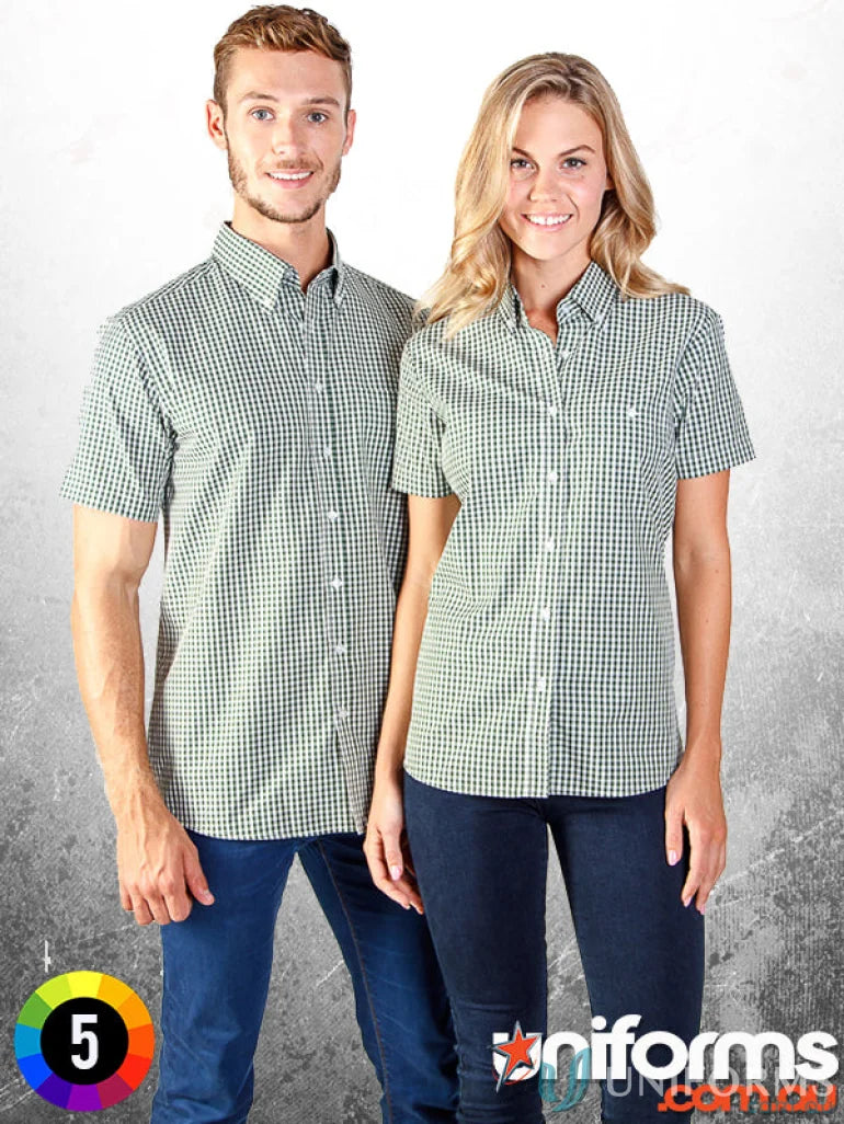 Matching gingham check short-sleeve shirts for ladies, perfect for workwear uniforms