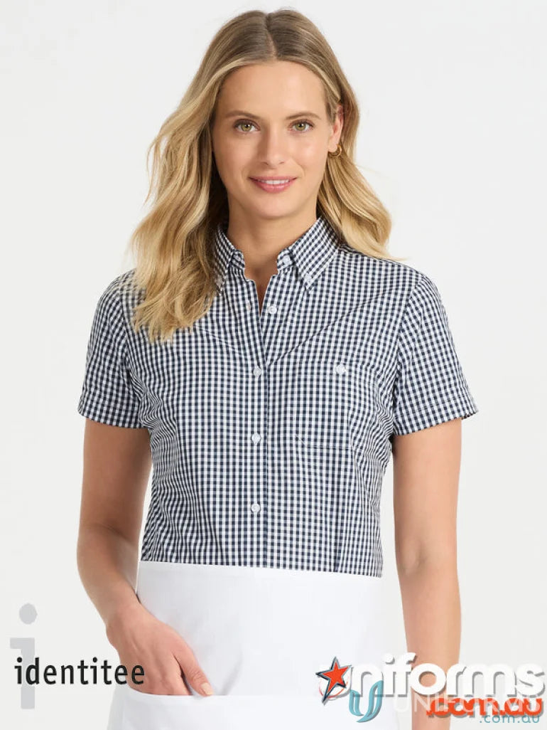 Woman wearing ladies Miller Gingham SS check shirt in navy and white gingham check workwear