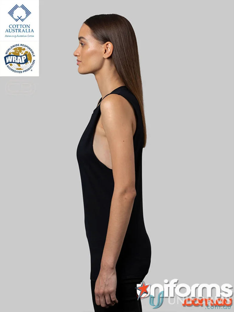 Woman modeling a fitted black sleeveless Ladies Muscle Tank, perfect for measuring size and length