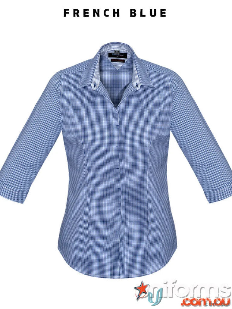 Blue gingham ladies Newport 3qtr shirt perfect for retail staff and everyday uniform