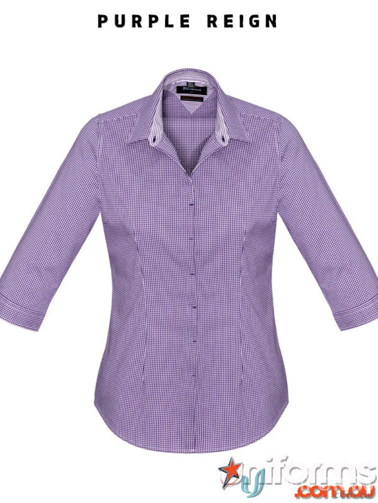 Purple gingham ladies Newport 3qtr shirt, perfect for retail staff everyday uniform