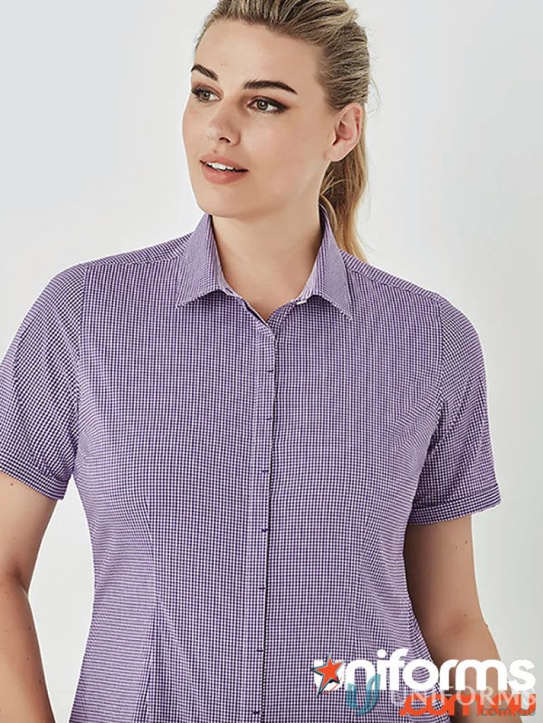 Women’s Newport short sleeve shirt in purple and white checkers for all-day comfort