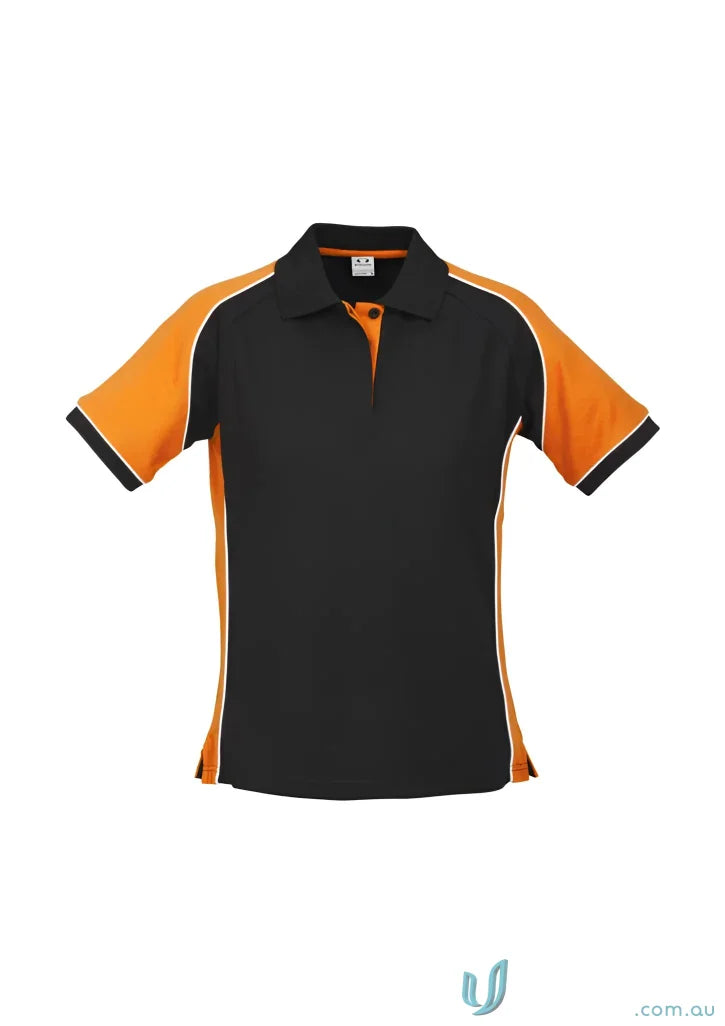 Ladies Nitro short sleeve polo in black and orange cotton pique knit with white piping