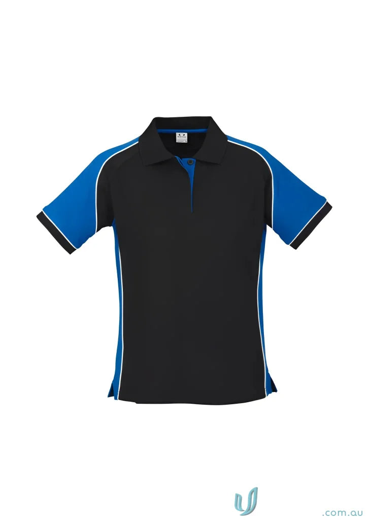 Ladies Nitro short sleeve polo in cotton pique knit with black and royal blue accents