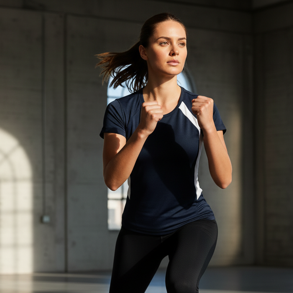 Ladies Noosa performance sprint tee in navy blue with white diagonal stripes