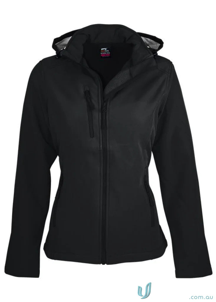 Black hooded Ladies Olympus Jacket with 3-layer performance softshell and chest zip pocket