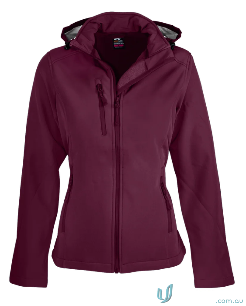 Ladies Olympus Jacket Burgundy hooded softshell with chest zip pocket for outdoor ease