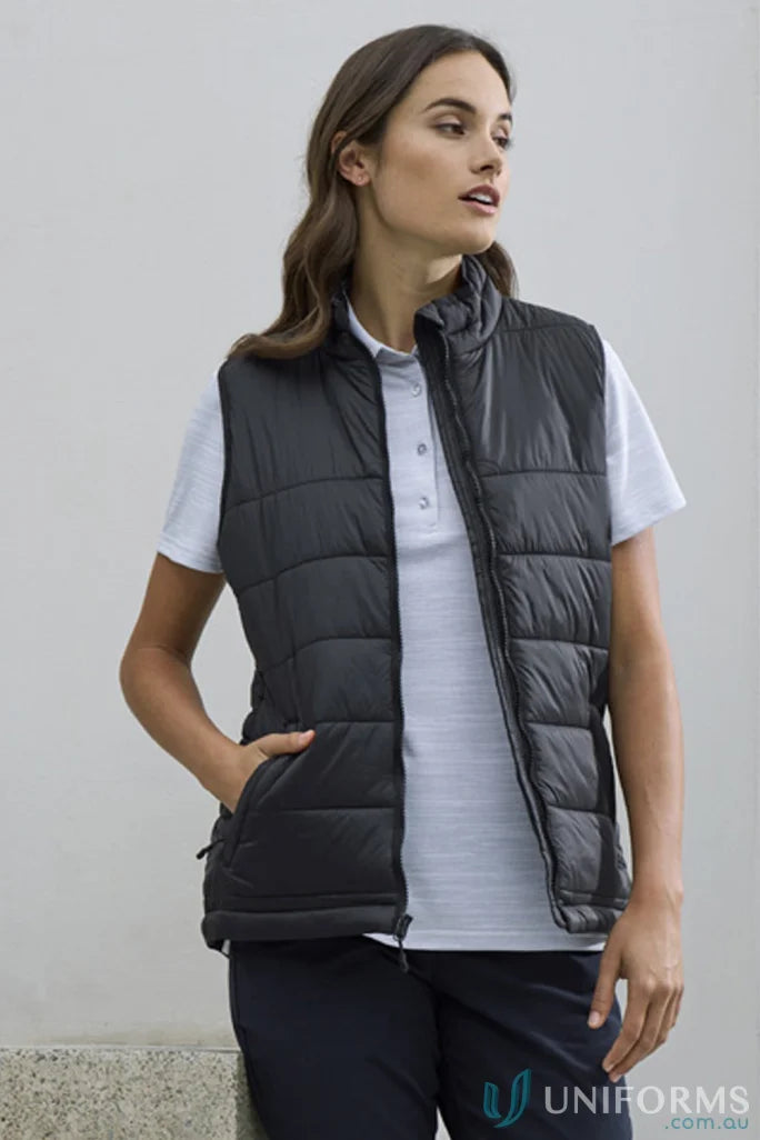 Black quilted vest from Ladies Orbit Polo in biz collection ladies made with certified recycled polyester