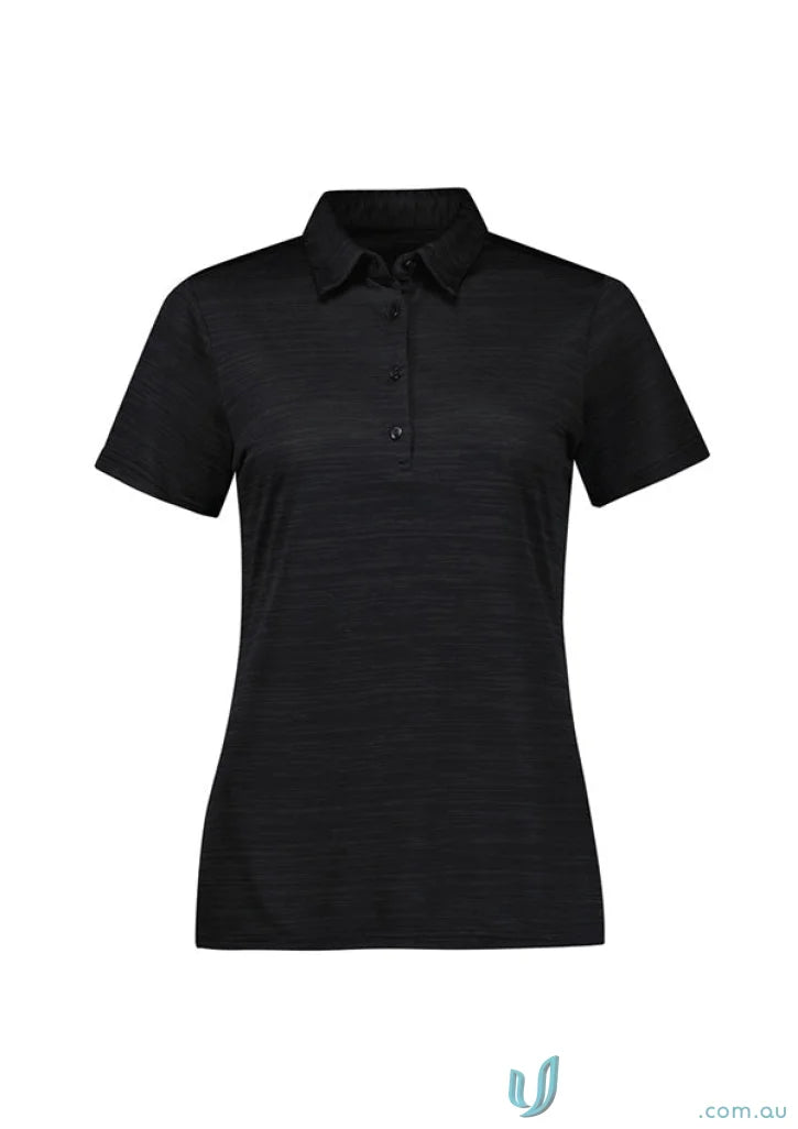 Black short-sleeved ladies Orbit Polo made from certified recycled polyester for biz collection ladies