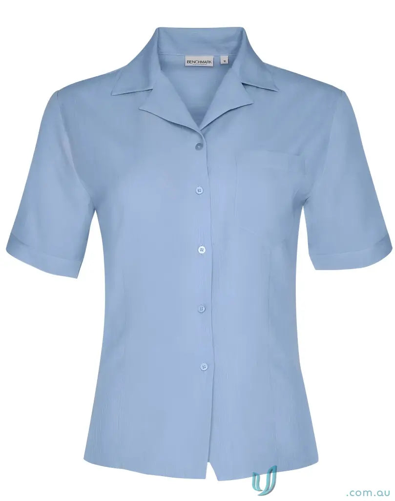 Light blue women’s cooldry short sleeve spirit ladies overblouse with notched collar and buttons