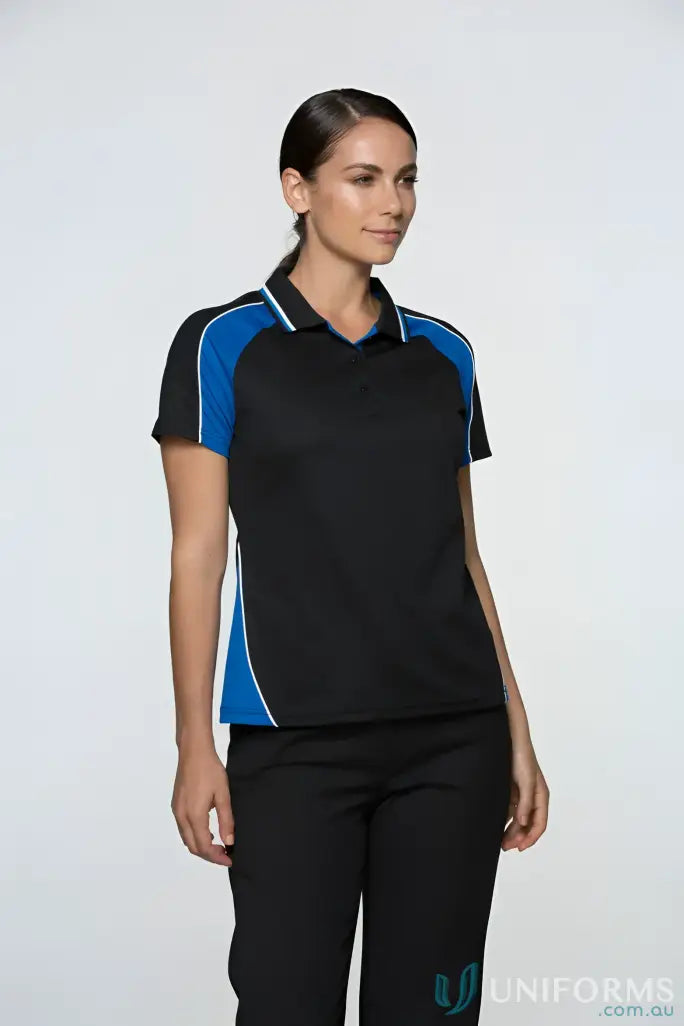 Ladies Panorama Polo in black with blue and white accents on shoulders and sides