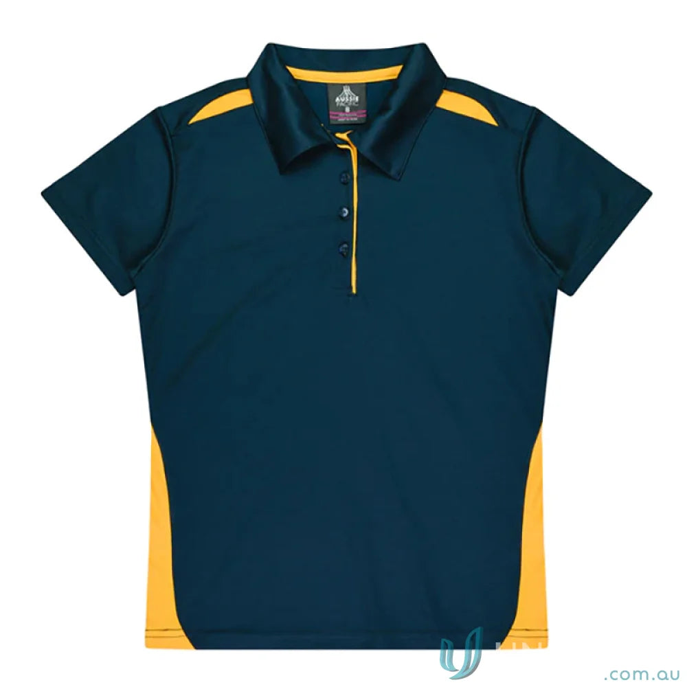Ladies Paterson Polo in navy and gold fabric, perfect for uniforms or workwear