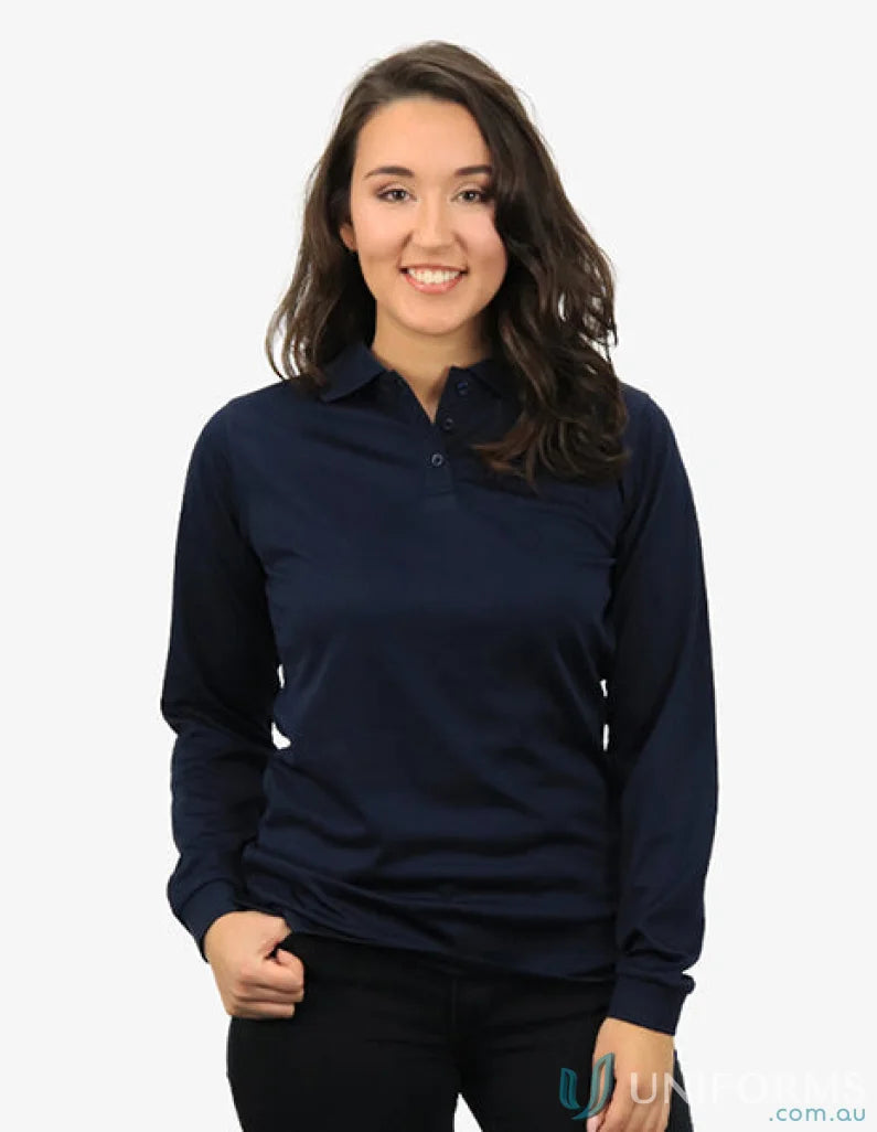 Ladies Phoenix LS Polo in navy showcasing long sleeve polo with CoolDry moisture management technology