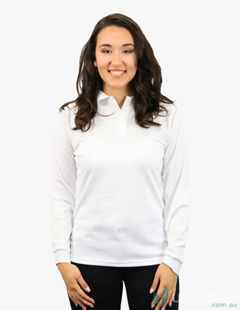 Woman wearing Ladies Phoenix LS Polo with cooldry moisture management tech