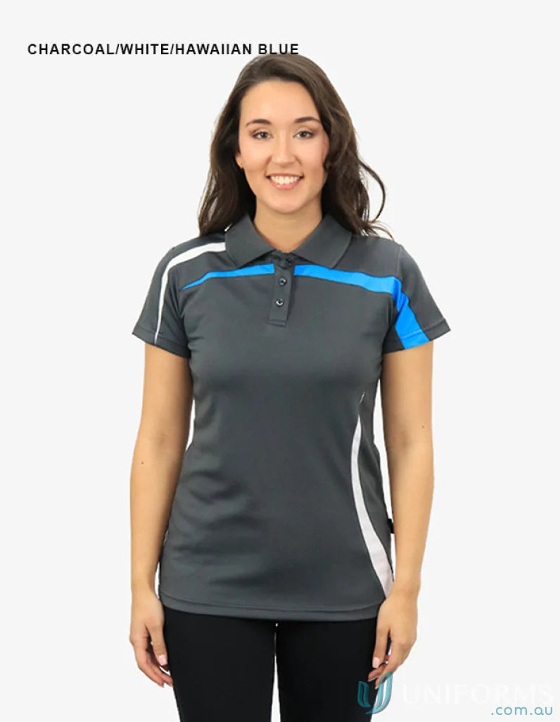 Ladies Planett Polo in Charcoal White and Hawaiian Blue with cooldry moisture tech
