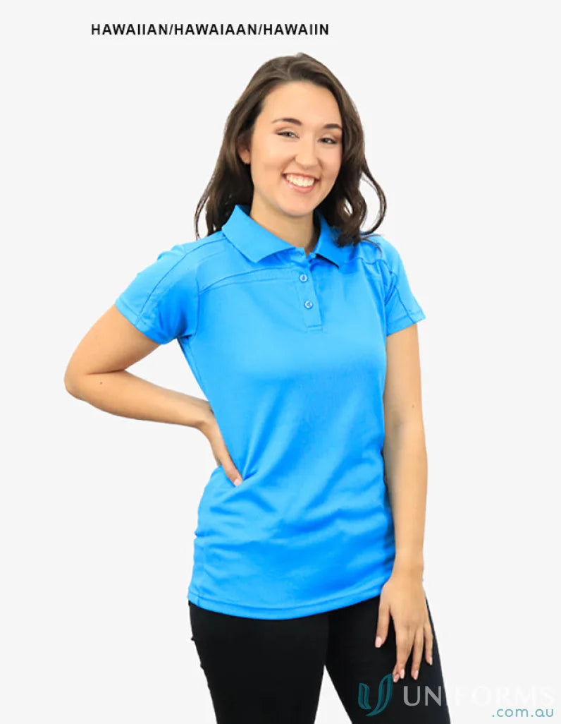 Smiling woman in Ladies Planett Polo with cooldry moisture management tech BSP2014L