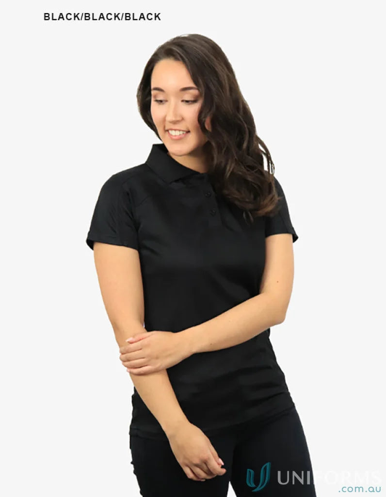 Lady wearing Ladies Planett Polo with cooldry moisture management tech bsp2014l