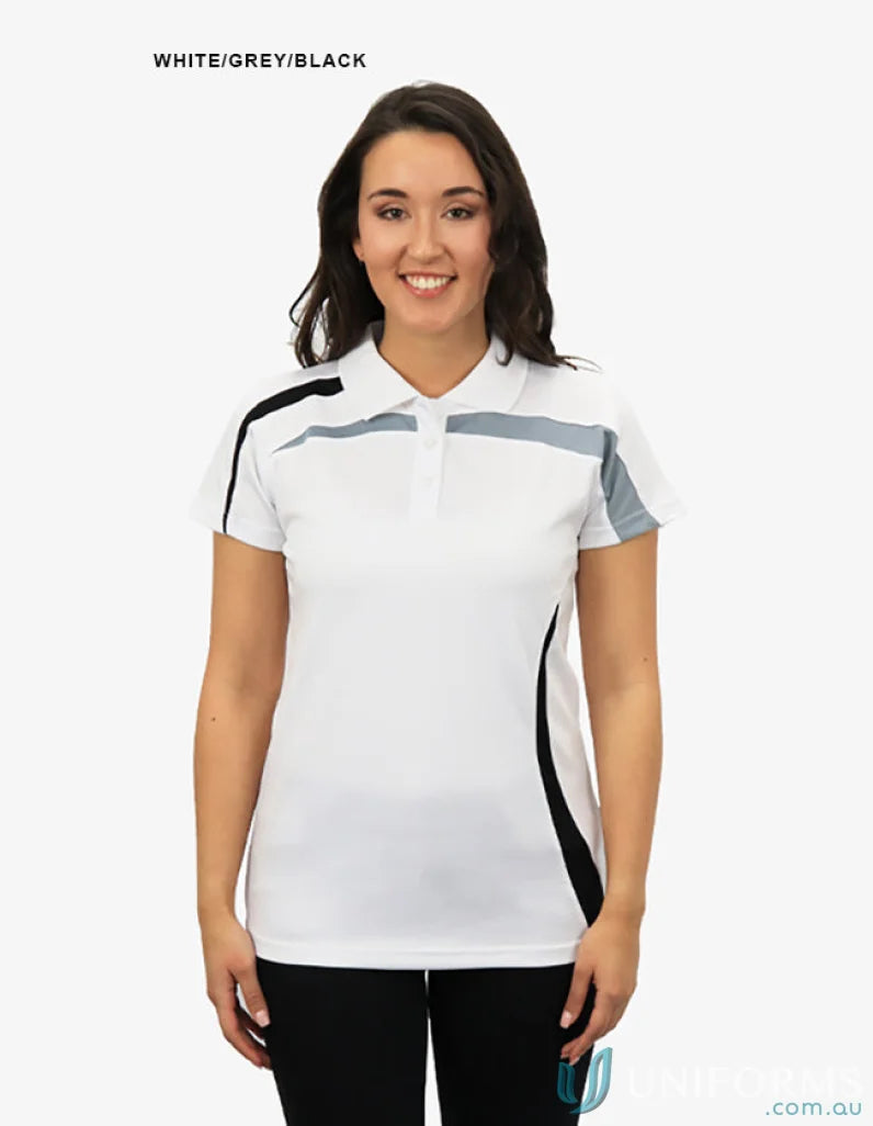 Ladies Planett Polo shirt with cooldry moisture management tech in white grey black bsp2014l