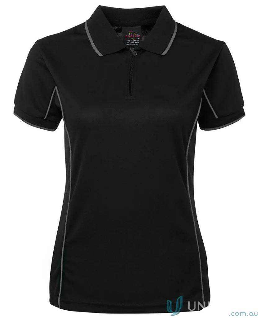 Black JB’s Ladies Podium piping polo with gray trim for staying cool and stylish