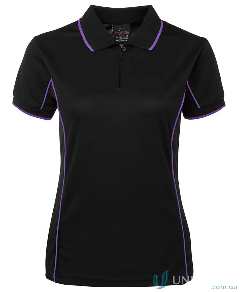 Black JB’s Ladies Podium piping polo 7LPI with purple trim for staying cool and stylish