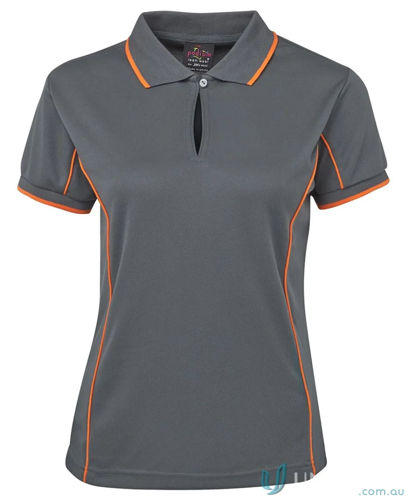 Gray JB’s Ladies Podium Piping Polo with orange trim for staying cool and stylish