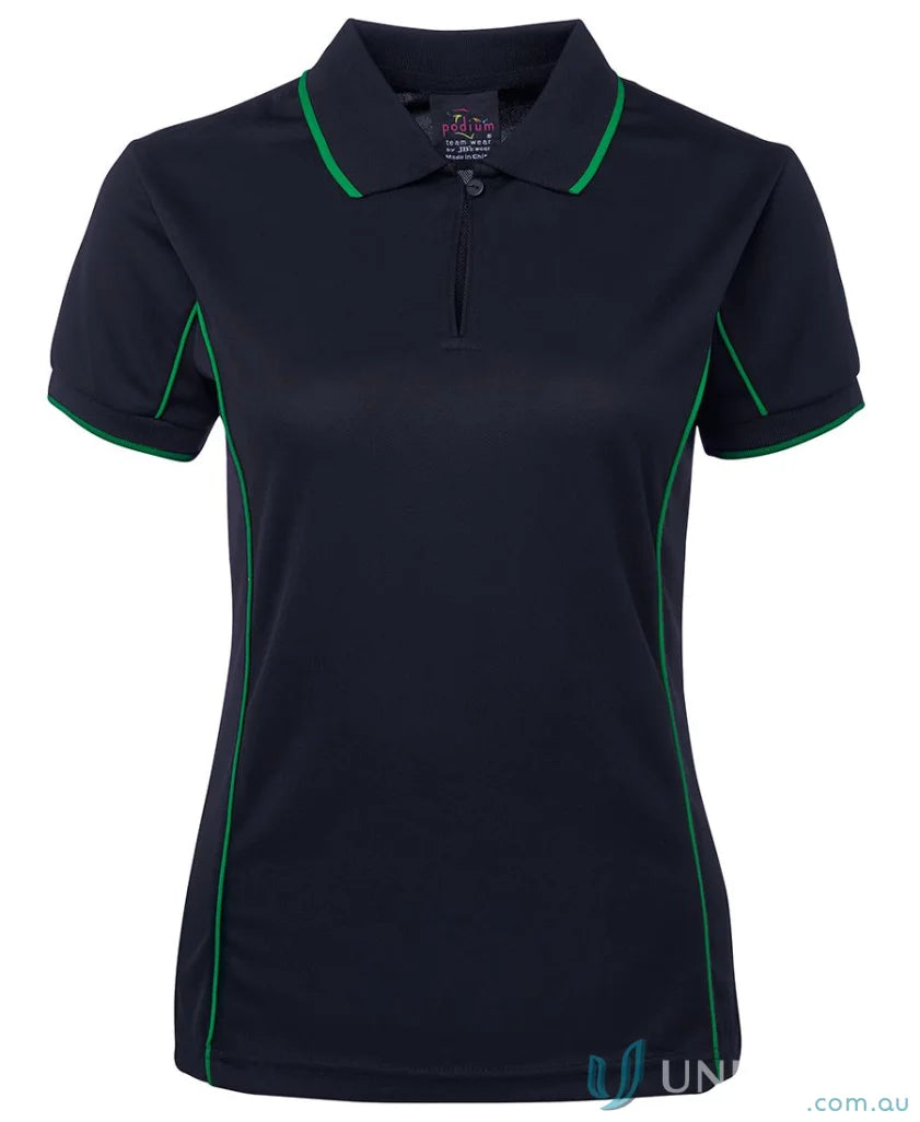 Navy blue JB’s Ladies Podium Piping Polo with green trim for staying cool