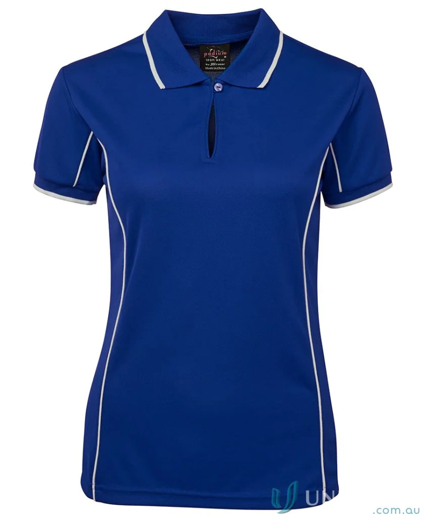 Blue JB’s Ladies Podium Piping Polo with White Trim, perfect to stay cool