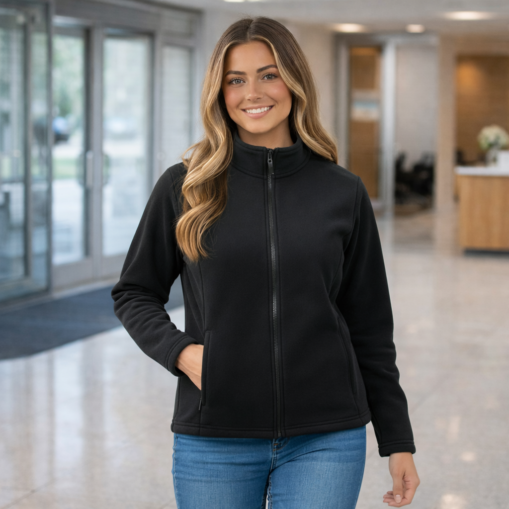 Bizcare ladies polar fleece jacket PF631 black zip-up with high collar