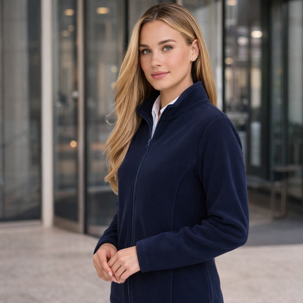 Bizcare ladies polar fleece jacket PF631 navy zip-up with high collar