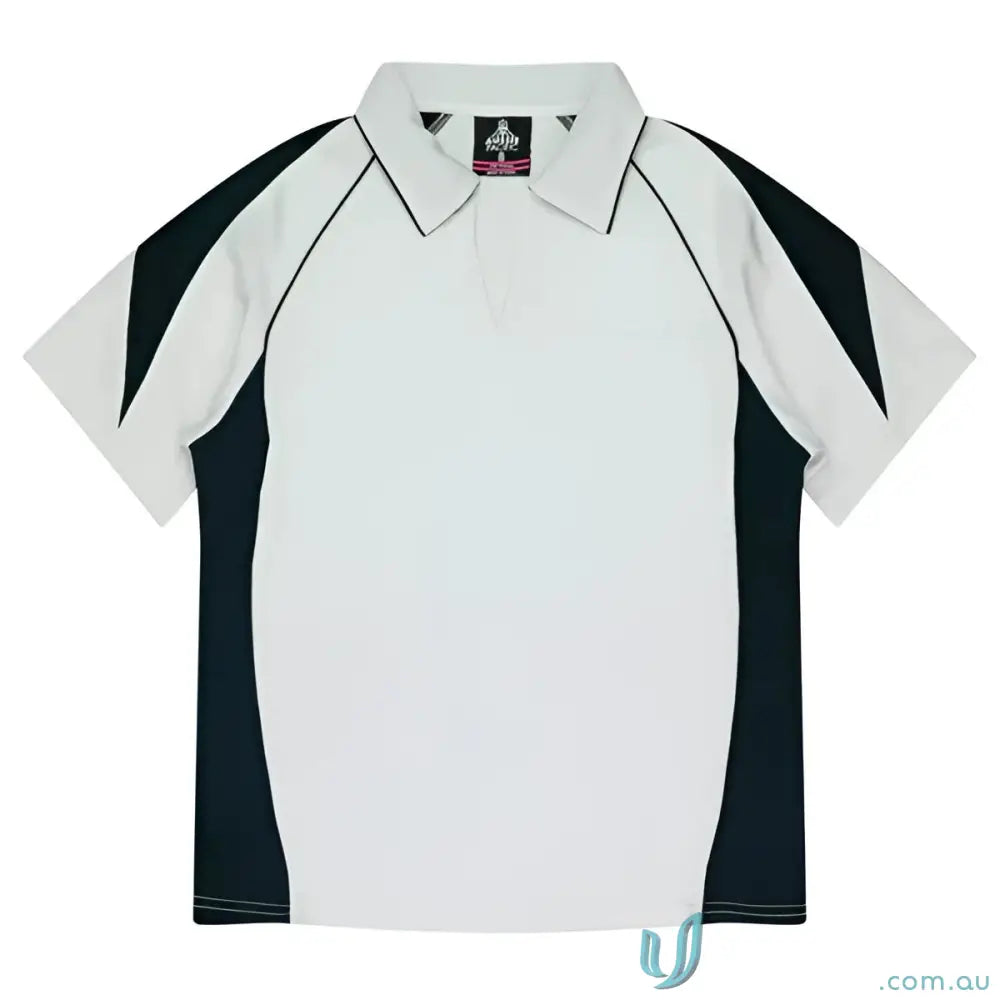 Ladies Premier Polo in white and navy featuring comfortable fabric ideal for uniforms or workwear