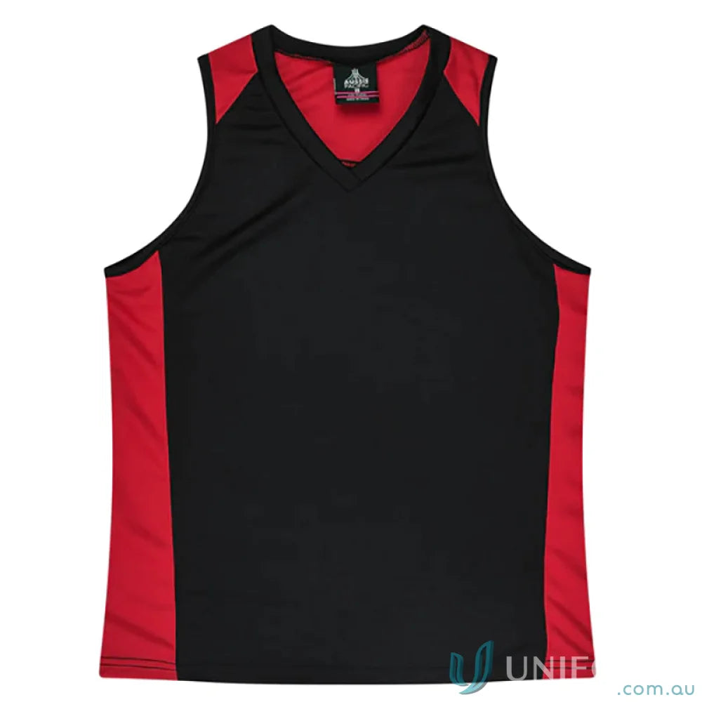 Ladies Premier Singlet with black and red sleeveless athletic shirt, comfy fabric neck bind