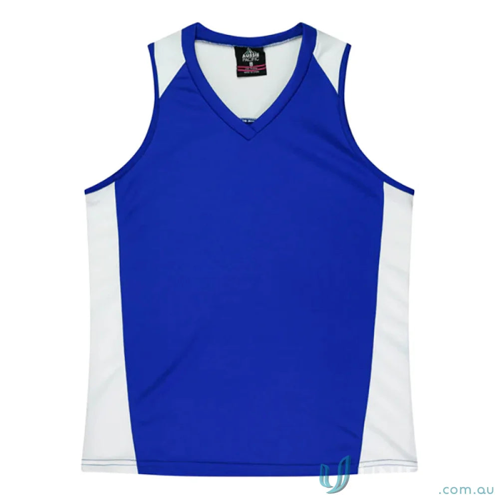 Blue and white Ladies Premier Singlet with fabric neck bind for athletic comfort